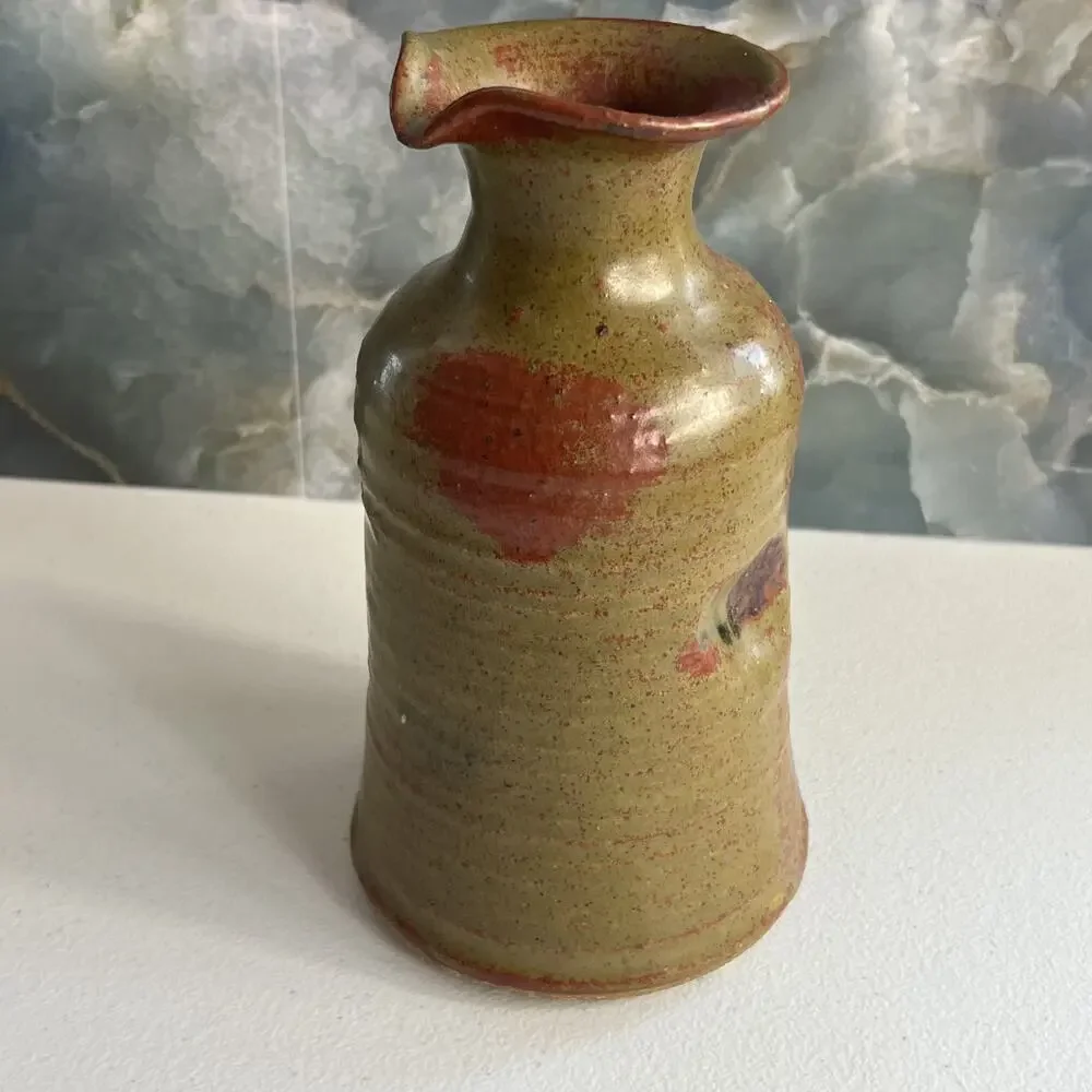 Studio Art Pottery Vase Handmade Vase Red Orange Green Mix Speckled 7.5